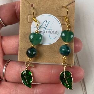 Green Aventurine Heart & Malachite Crystal Bead Leaf Drop Earrings